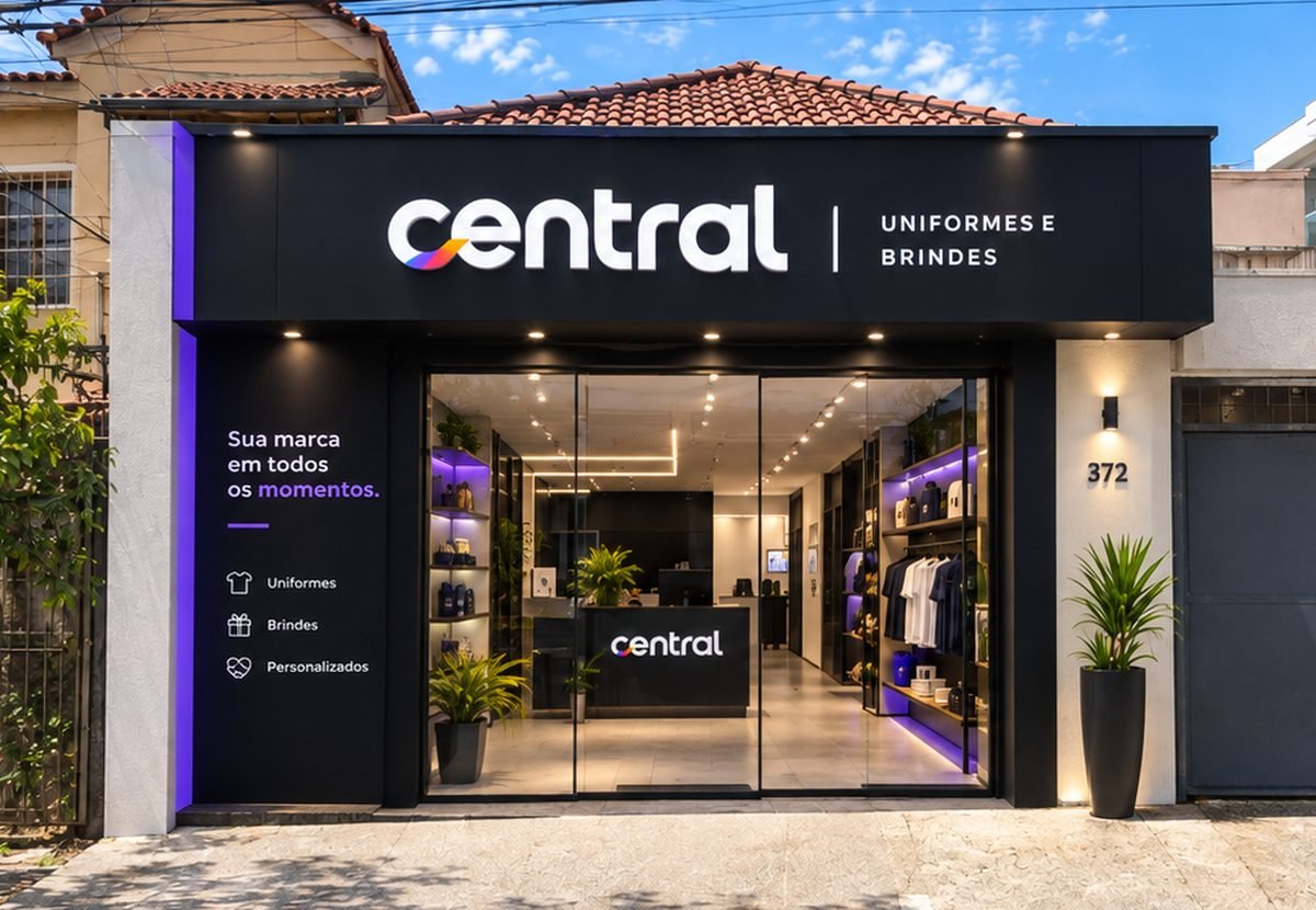 Projeto da fachada da Central na Rua Itaqueri, Mooca: letreiro preto com a marca Central, vitrine iluminada e detalhes em roxo