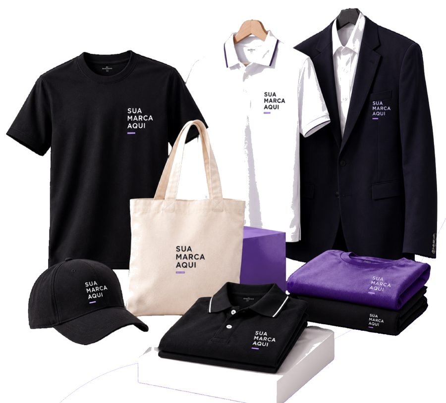 Camiseta, polos, camisa social, boné e ecobag com espaço para a marca